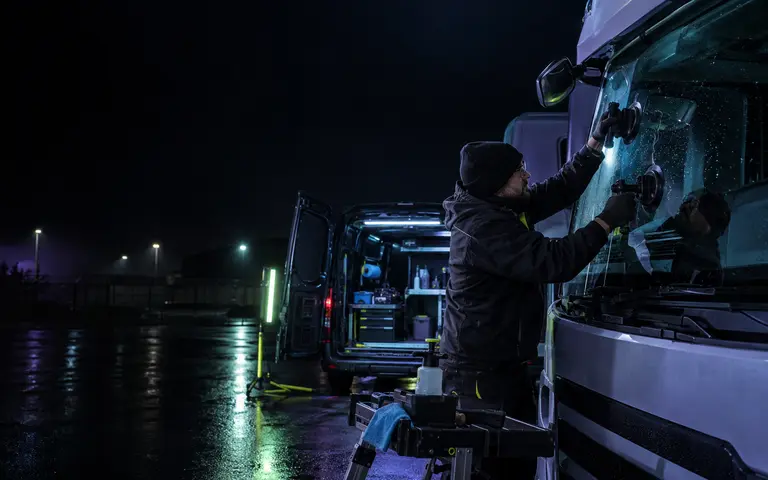Technician handling damaged commercial vehicle front glass using suction tools