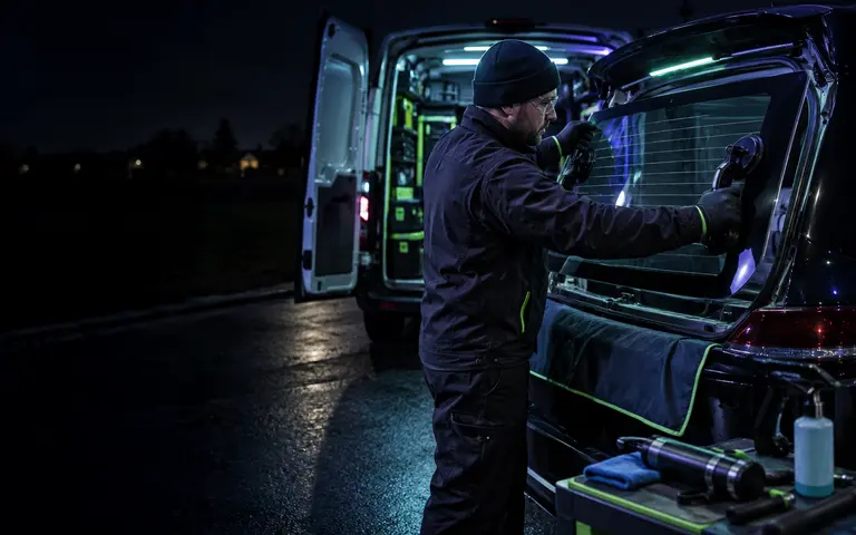 Technician working on heated rear vehicle glass with a suction handle