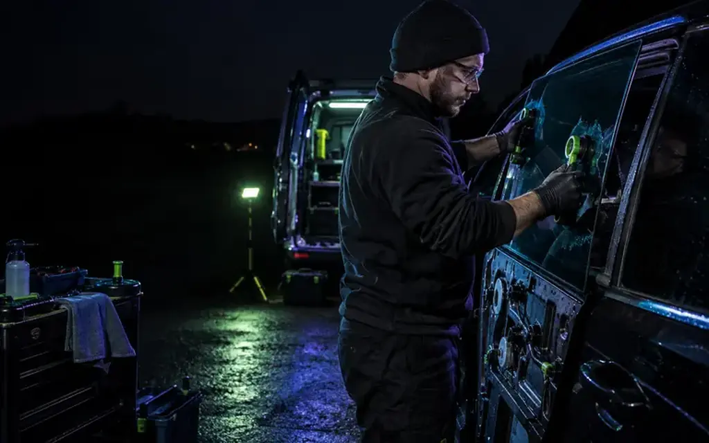 Technician working on a vehicle side window using glass handling equipment